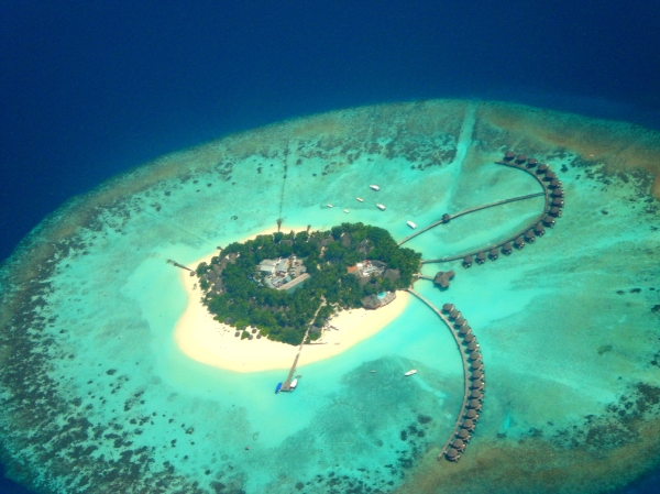 An aerial view of a resort in the Maldives.