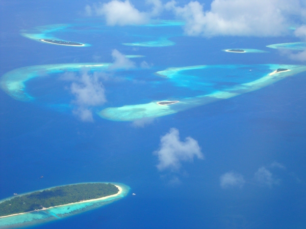 An aerial view of islands in the Maldives.